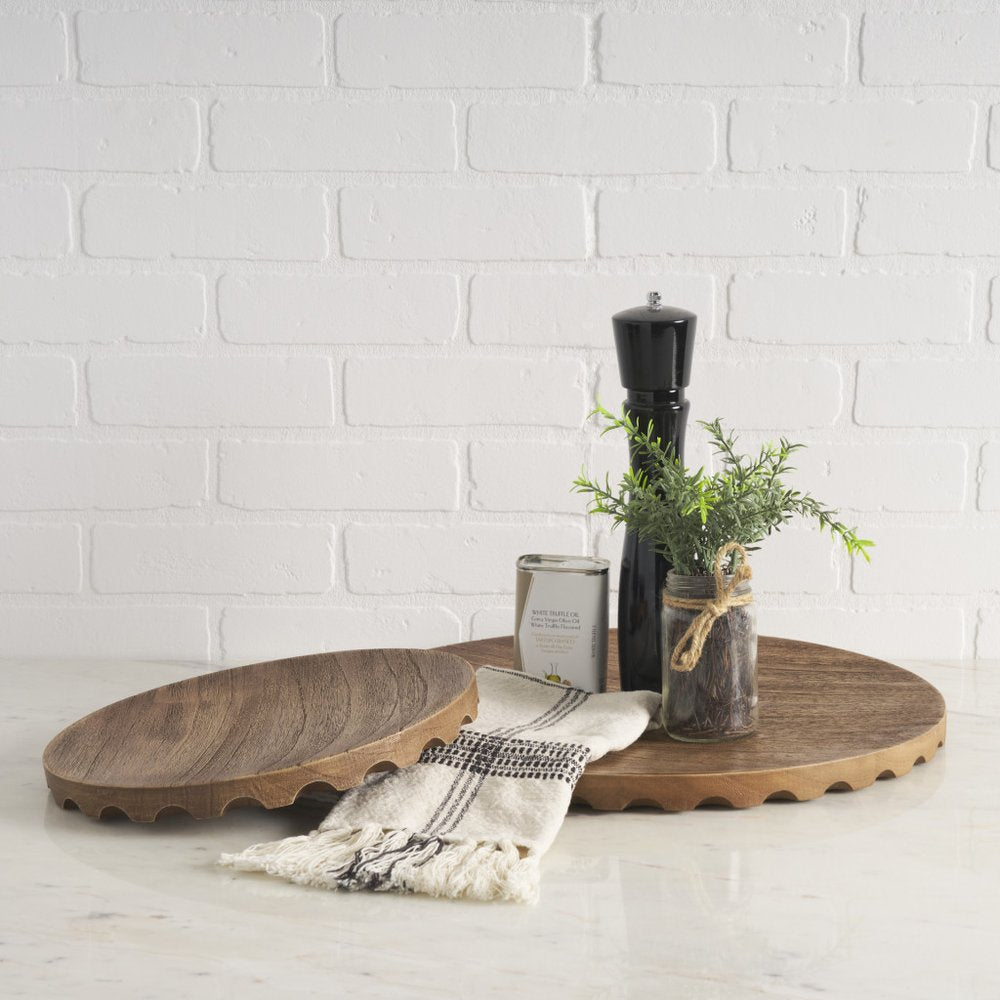 Set of Two Natural Light Brown Round Wood Handmade Serving Trays