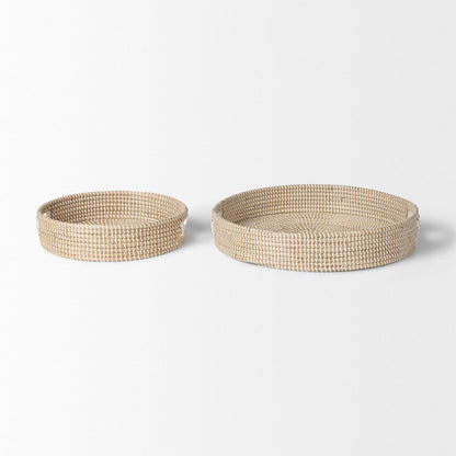 Set of Two Brown Round Wood Handmade Serving Tray With Handles