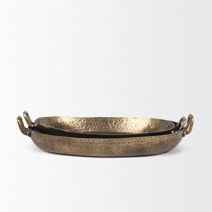 Set of Two Gold Oval Metal Handmade Serving Tray With Handles