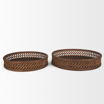 Set of Two Brown Round Wicker Handmade Serving Tray