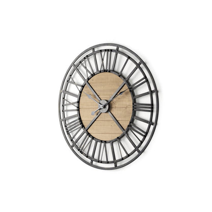 30" Black And Natural Iron And Wood Analog Round Wall Clock