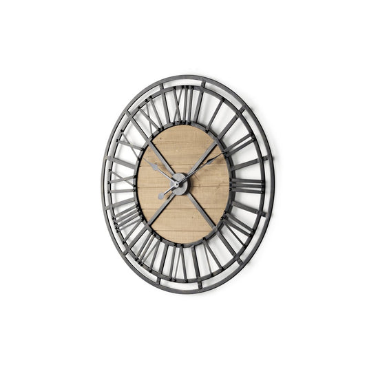 30" Black And Natural Iron And Wood Analog Round Wall Clock