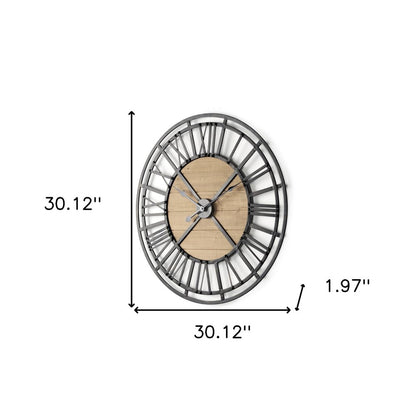 30" Black And Natural Iron And Wood Analog Round Wall Clock