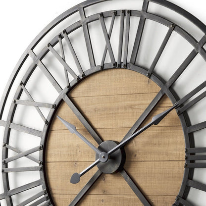 42" Black And Natural Iron And Wood Analog Round Wall Clock