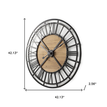 42" Black And Natural Iron And Wood Analog Round Wall Clock
