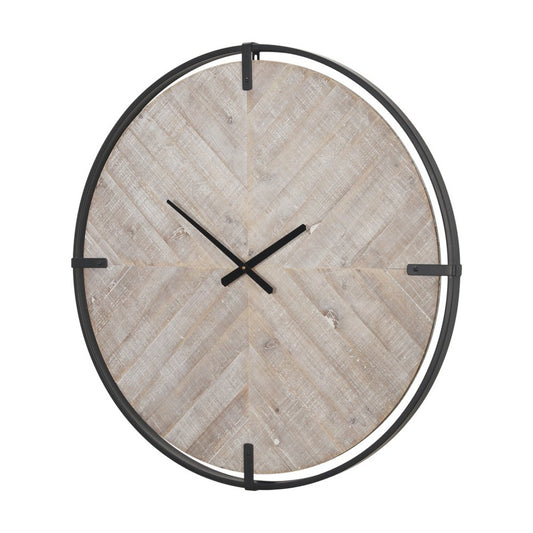 33" Black And Natural Metal And Solid Wood Analog Distressed Round Wall Clock
