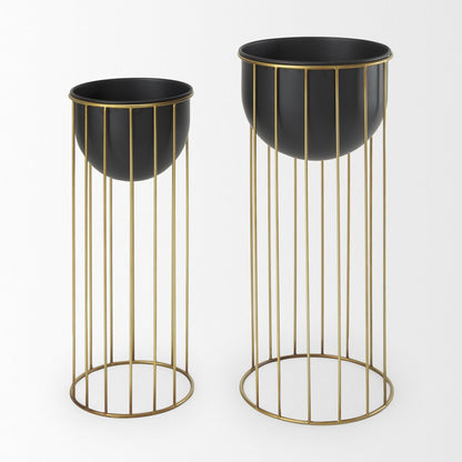 Set of Two Black Metal 20 Ounce Round Pot Planters