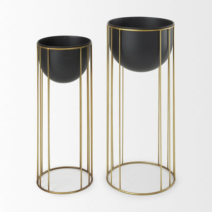 Set of Two Black Metal 20 Ounce Round Pot Planters