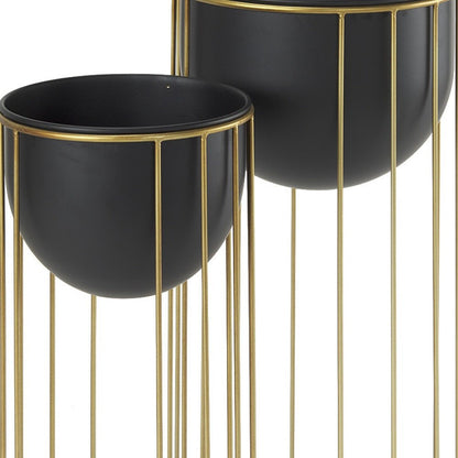 Set of Two Black Metal 20 Ounce Round Pot Planters