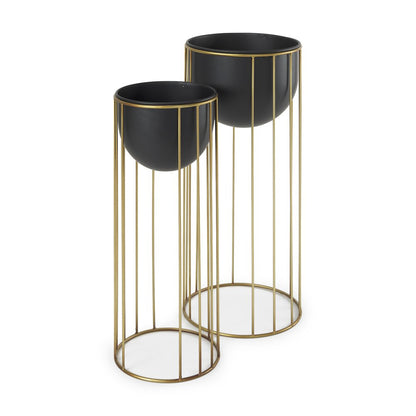 Set of Two Black Metal 20 Ounce Round Pot Planters
