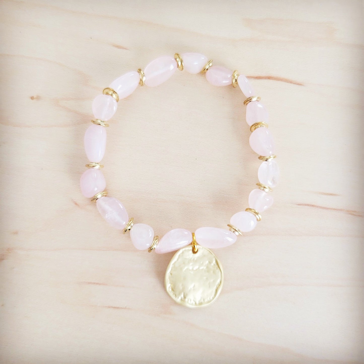 **Rose Quartz Beaded Stretch Bracelet w/ Gold Coin Charm 811u