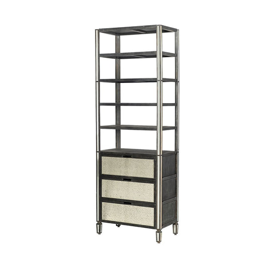 32" Dark Brown Solid Wood and Mirrored Glass Four Tier Bookcase with Three Drawers