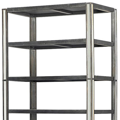 32" Dark Brown Solid Wood and Mirrored Glass Four Tier Bookcase with Three Drawers