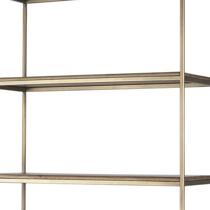 42" Antiqued Brass And Brown Distressed Metal and Solid Wood Four Tier Bookcase with Two Doors