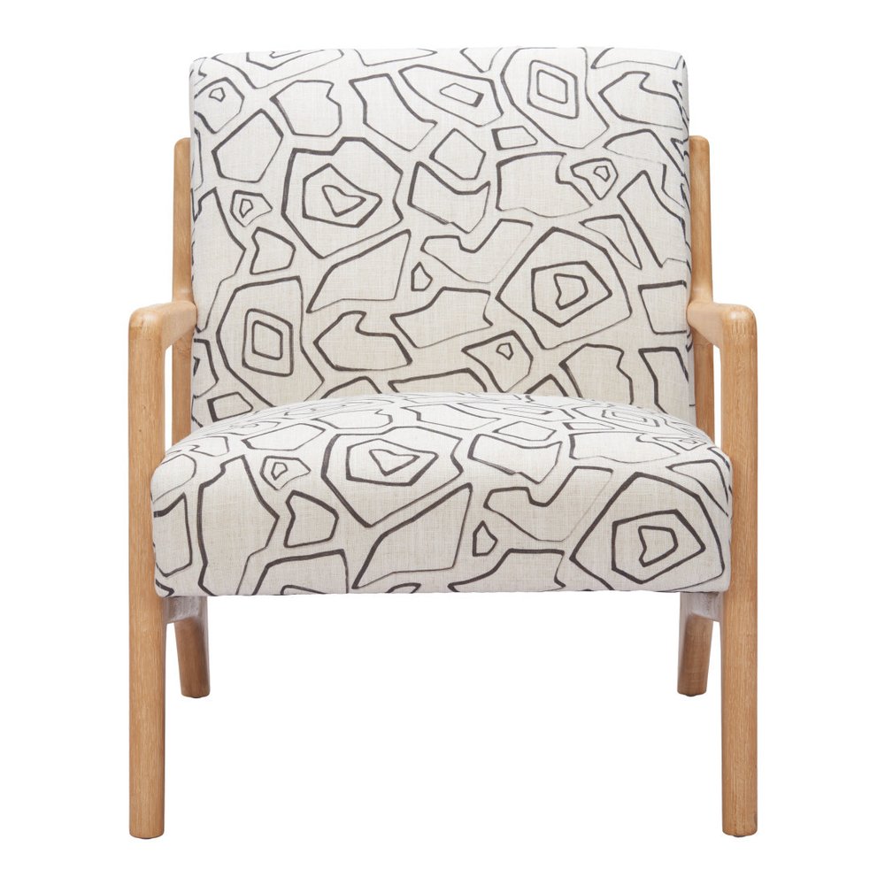 27" Beige and Natural Upholstered Geometric Arm Chair