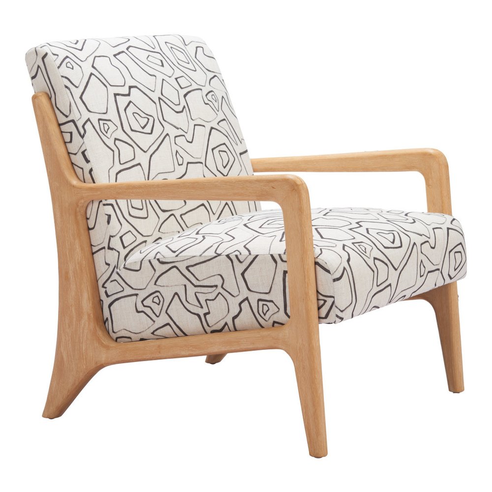 27" Beige and Natural Upholstered Geometric Arm Chair