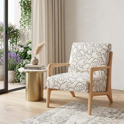 27" Beige and Natural Upholstered Geometric Arm Chair