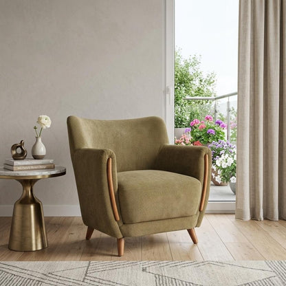 34" Green and Brown Upholstered Arm Chair