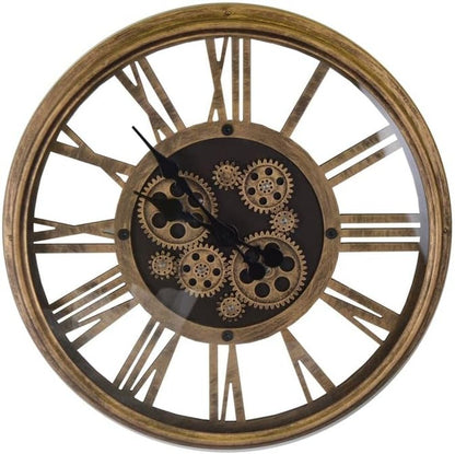 18" Antiqued Gold And Black Metal Silent Skeleton Exposed Gear Round Wall Clock