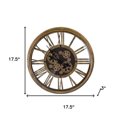 18" Antiqued Gold And Black Metal Silent Skeleton Exposed Gear Round Wall Clock