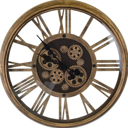 18" Antiqued Gold And Black Metal Silent Skeleton Exposed Gear Round Wall Clock