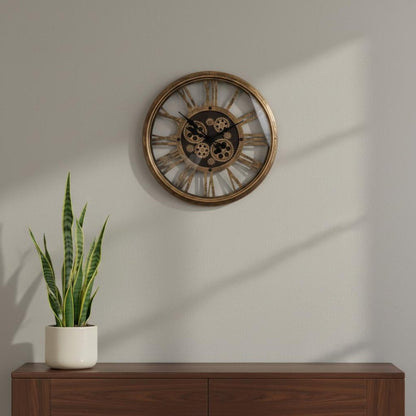18" Antiqued Gold And Black Metal Silent Skeleton Exposed Gear Round Wall Clock