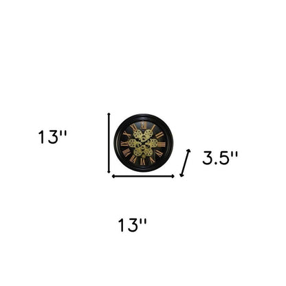13" Black Orange And Gold Metal Silent Skeleton Distressed Exposed Gear Round Wall Clock