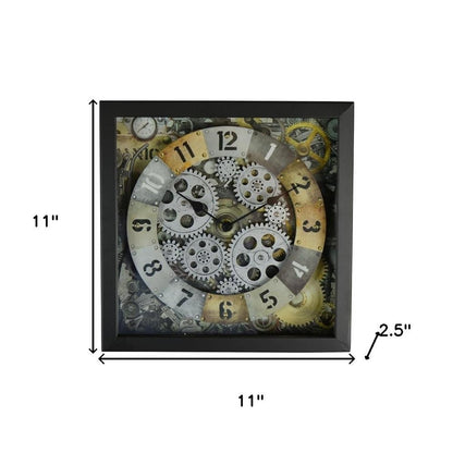 11" Black Gold And Silver Metal Silent Skeleton Distressed Exposed Gear Square Wall Clock