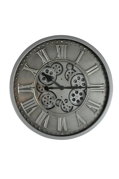 18" Silver And Black Metal Silent Skeleton Exposed Gear Round Wall Clock