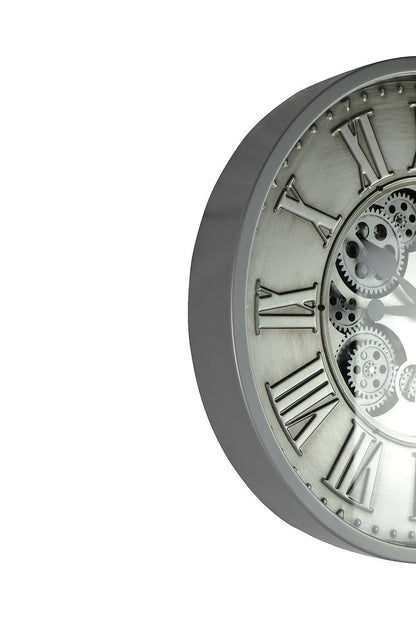 18" Silver And Black Metal Silent Skeleton Exposed Gear Round Wall Clock