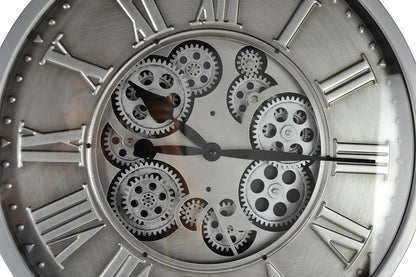 18" Silver And Black Metal Silent Skeleton Exposed Gear Round Wall Clock