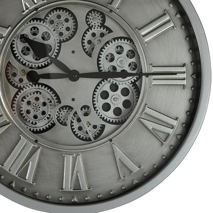 18" Silver And Black Metal Silent Skeleton Exposed Gear Round Wall Clock