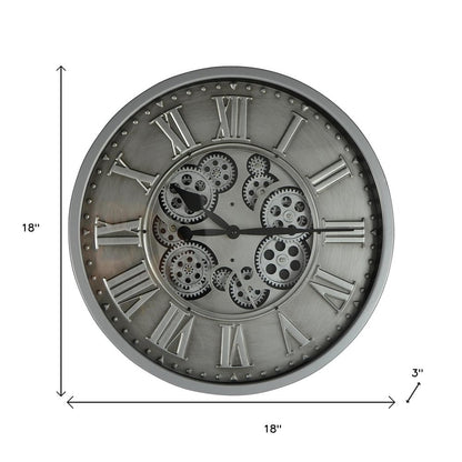 18" Silver And Black Metal Silent Skeleton Exposed Gear Round Wall Clock