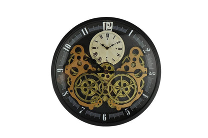 18" Black Gold And White Metal Silent Skeleton Exposed Gear Round Wall Clock