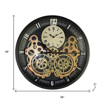 18" Black Gold And White Metal Silent Skeleton Exposed Gear Round Wall Clock