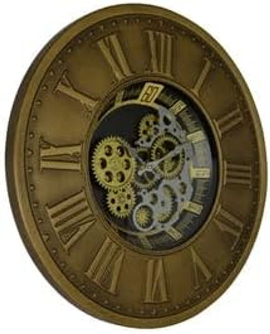 18" Black Gold And Silver Metal Silent Skeleton Exposed Gear Round Wall Clock