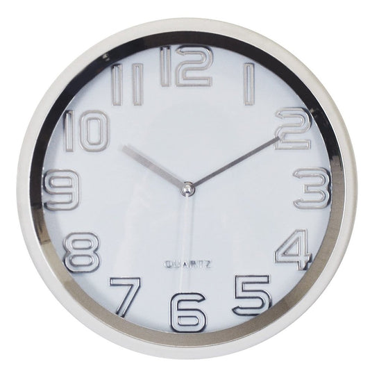 12" Silver And White Heavy Duty Plastic Silent Analog Round Wall Clock