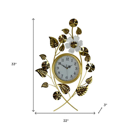 22" Gold And White Metal Silent Analog Floral Novelty Wall Clock