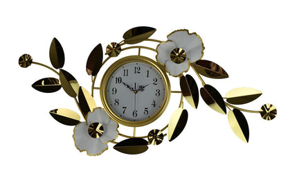 40" Gold And White Metal Silent Analog Floral Novelty Wall Clock