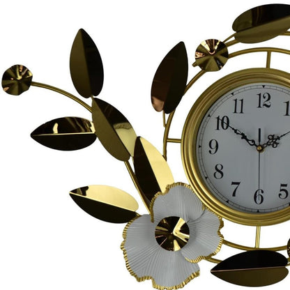 40" Gold And White Metal Silent Analog Floral Novelty Wall Clock