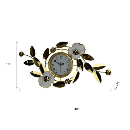 40" Gold And White Metal Silent Analog Floral Novelty Wall Clock