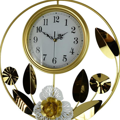 20" Gold And White Metal Silent Analog Floral Round Wall Clock