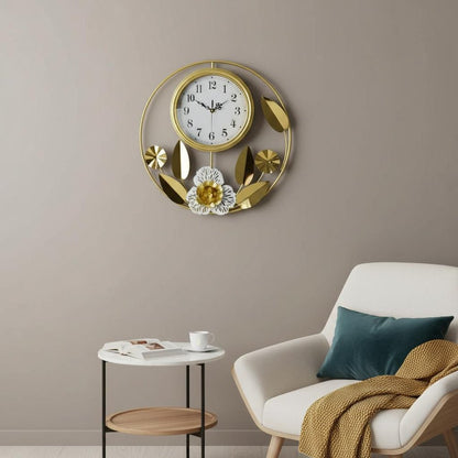 20" Gold And White Metal Silent Analog Floral Round Wall Clock