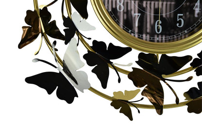 22" Gold Silver And Black Metal Silent Analog Butterfly Round Wall Clock