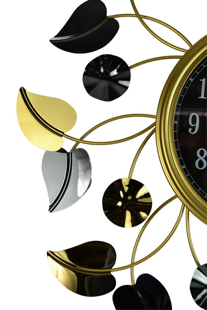 24" Gold Black And Silver Metal Silent Analog Floral Round Wall Clock