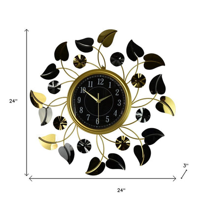 24" Gold Black And Silver Metal Silent Analog Floral Round Wall Clock