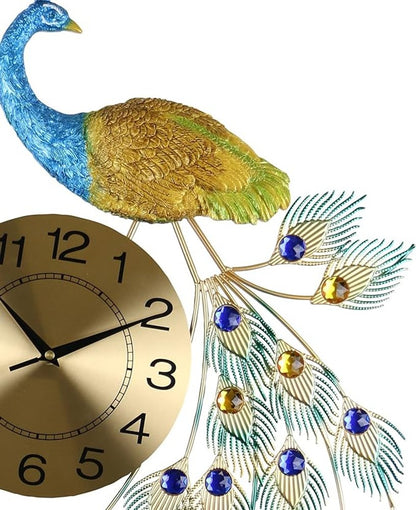31" Blue Green And Gold Metal Silent Analog Peacock Novelty Wall Clock