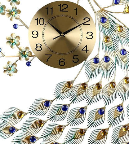 31" Blue Green And Gold Metal Silent Analog Peacock Novelty Wall Clock