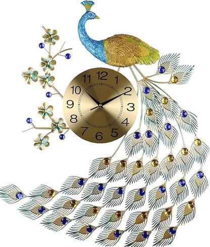 31" Blue Green And Gold Metal Silent Analog Peacock Novelty Wall Clock
