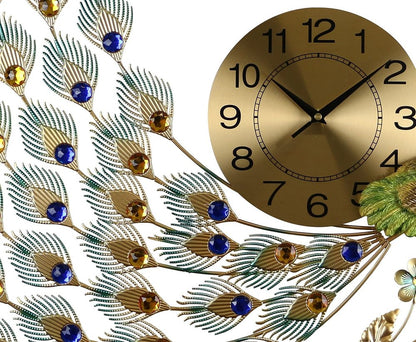 31" Gold Blue And Green Metal Silent Analog Peacock Novelty Wall Clock